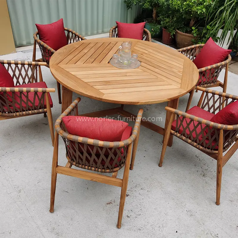 High-end buitentak teek houten frame geweven riem eetset