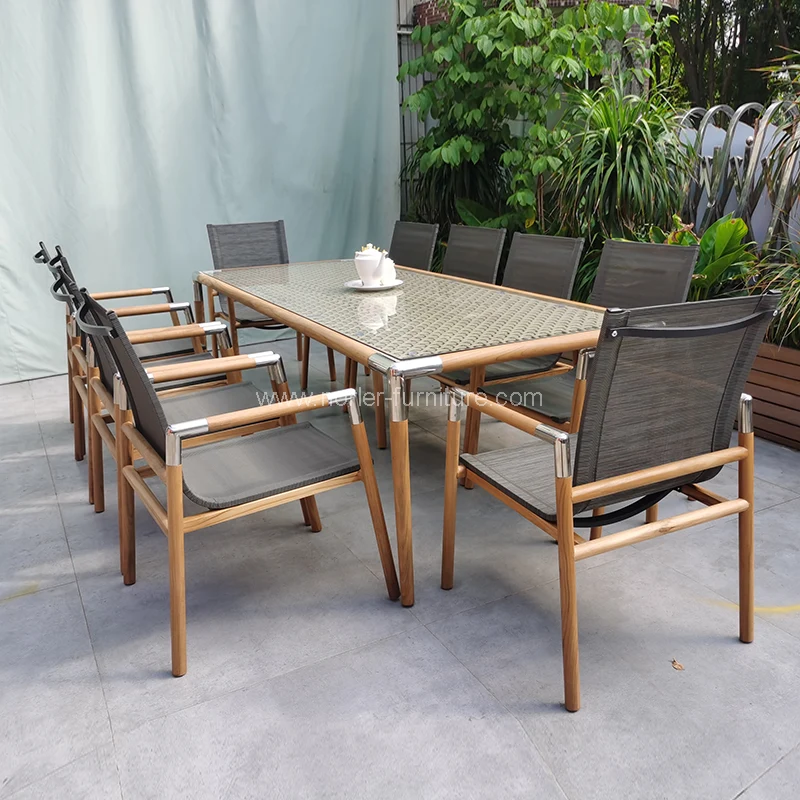 Moderne buitenaluminium textileen mesh dinerset