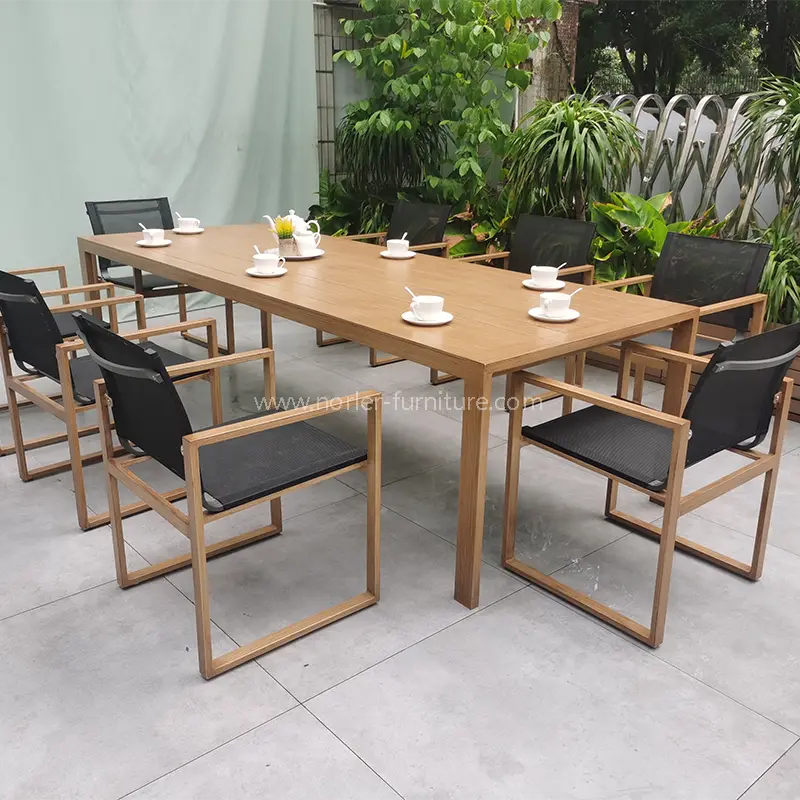 Nieuwste buitenaluminium geborsteld houten korrel frame eetkanier set