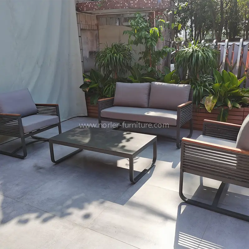Nieuwste buiten aluminium frame teak houten armleuning bank