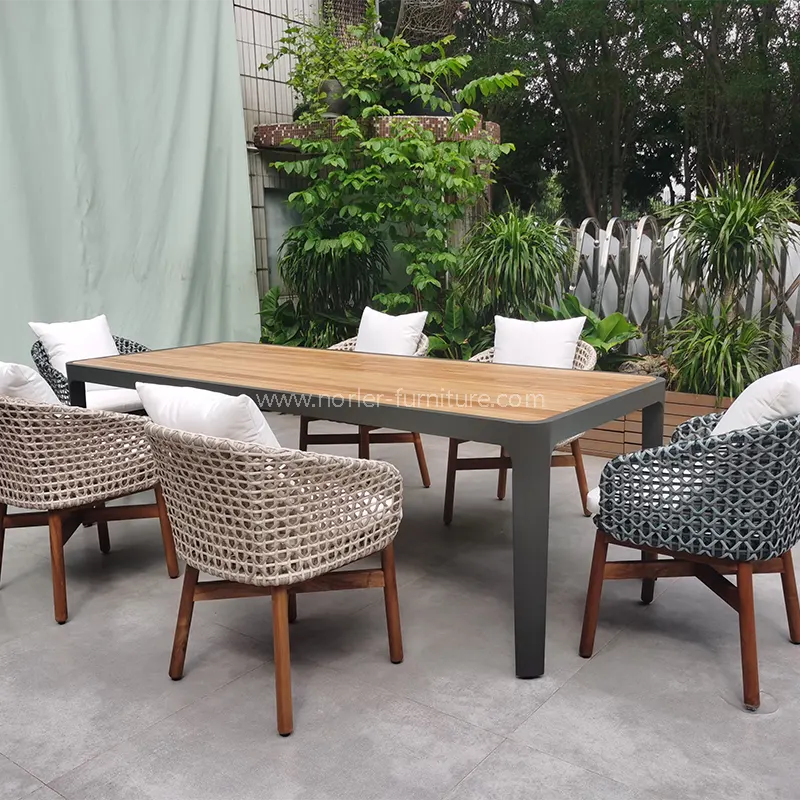 Outdoor Teak aluminium frame PE Rattan Dining Set